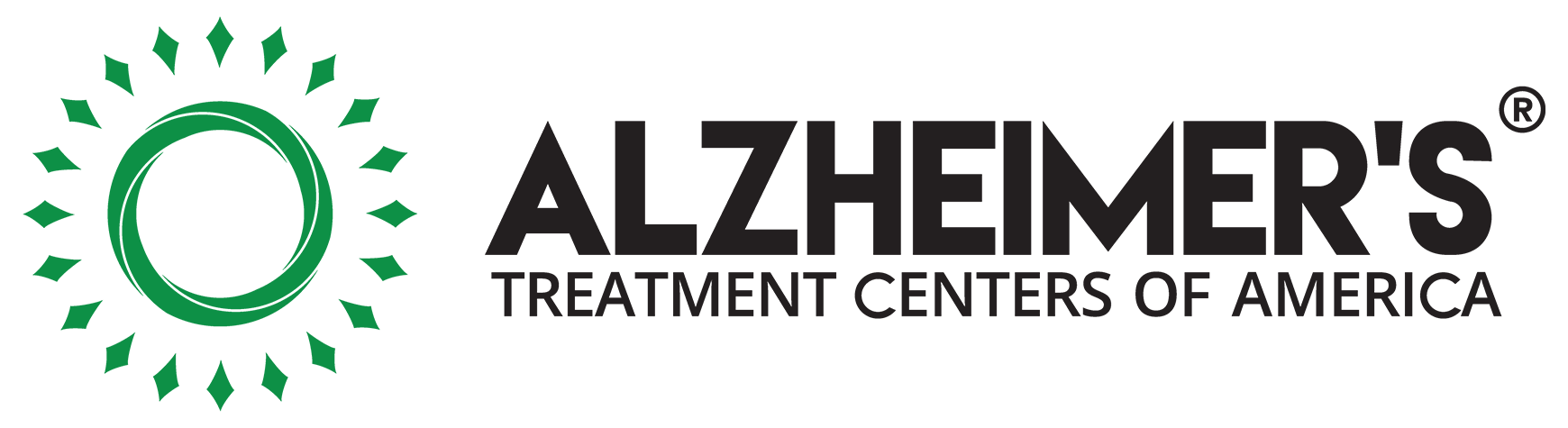 Logo of Alzheimer's Treatment Centers of America featuring a green circular emblem with radiating leaf-like shapes next to the organization’s name in bold black text.
