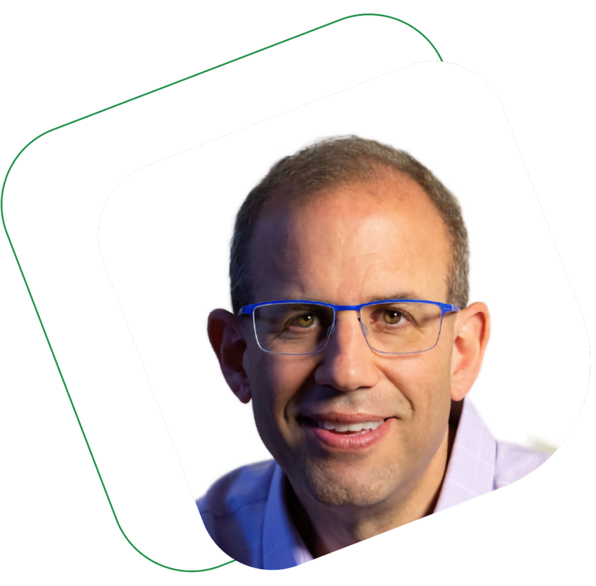 Smiling middle-aged man wearing blue-rimmed glasses and a light purple shirt, framed in a rounded-corner square with a tilted background outline.